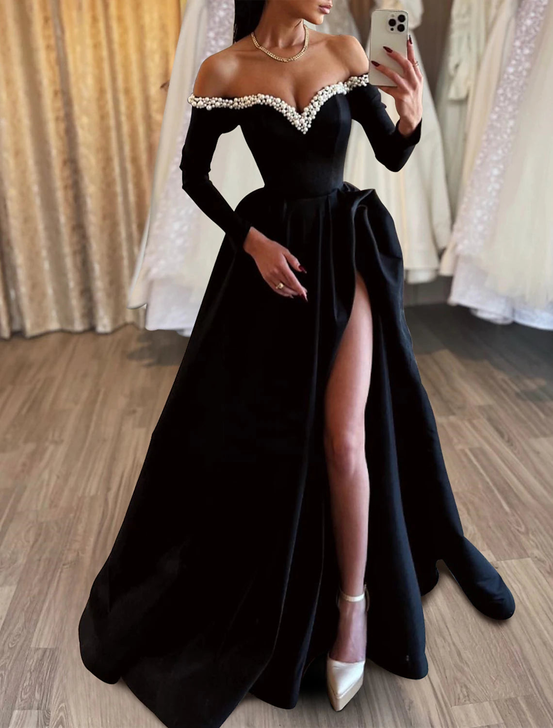 A-Line Evening Gown Black Dress Dress Formal Masquerade Sweep / Brush Train Long Sleeve Off Shoulder Satin with Pearls