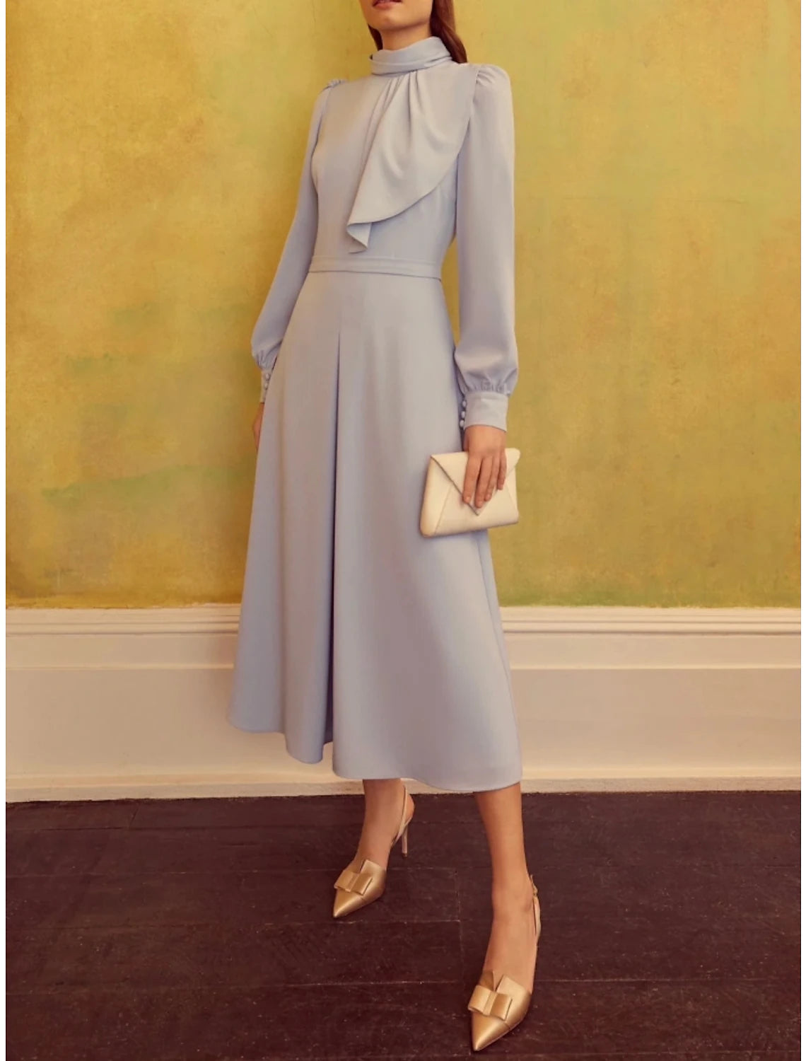A-Line Mother of the Bride Dress Wedding Guest Elegant Petite High Neck Tea Length Satin Long Sleeve with Ruffles Ruching