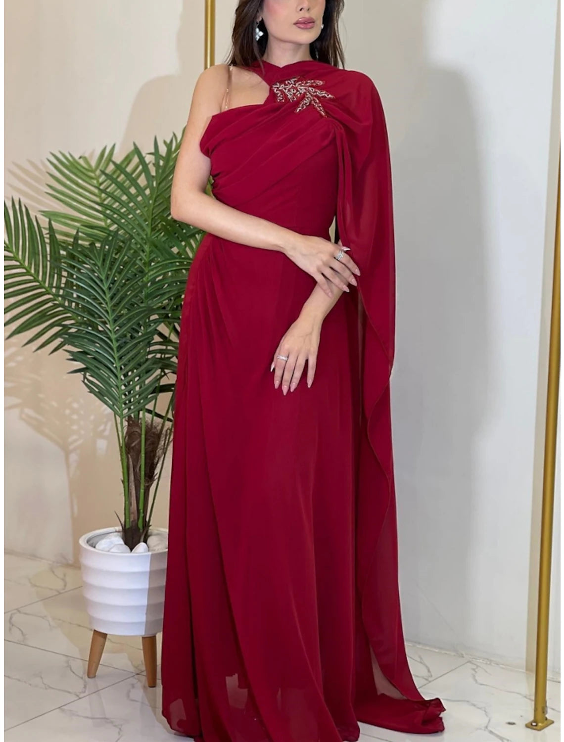 A-Line Evening Gown Elegant Dress Formal Sweep / Brush Train Christmas Red Green Dress Sleeveless Halter Neck Stretch Chiffon with Pleats Ruched Shouder Flower
