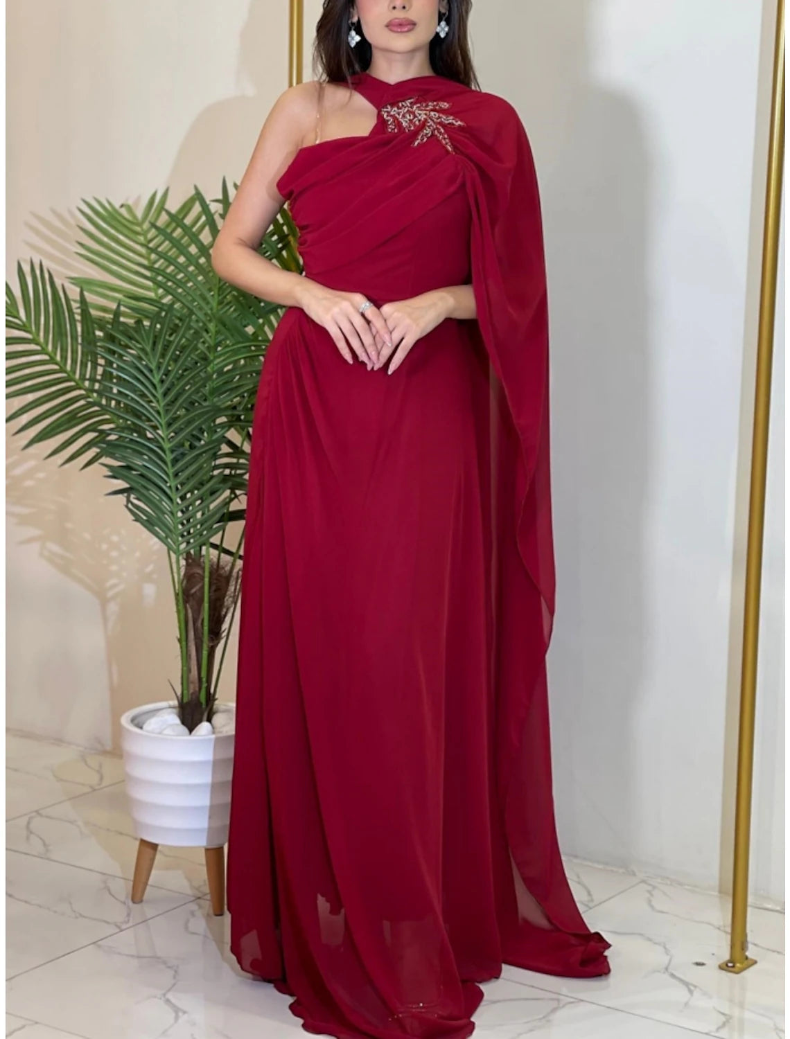 A-Line Evening Gown Elegant Dress Formal Sweep / Brush Train Christmas Red Green Dress Sleeveless Halter Neck Stretch Chiffon with Pleats Ruched Shouder Flower