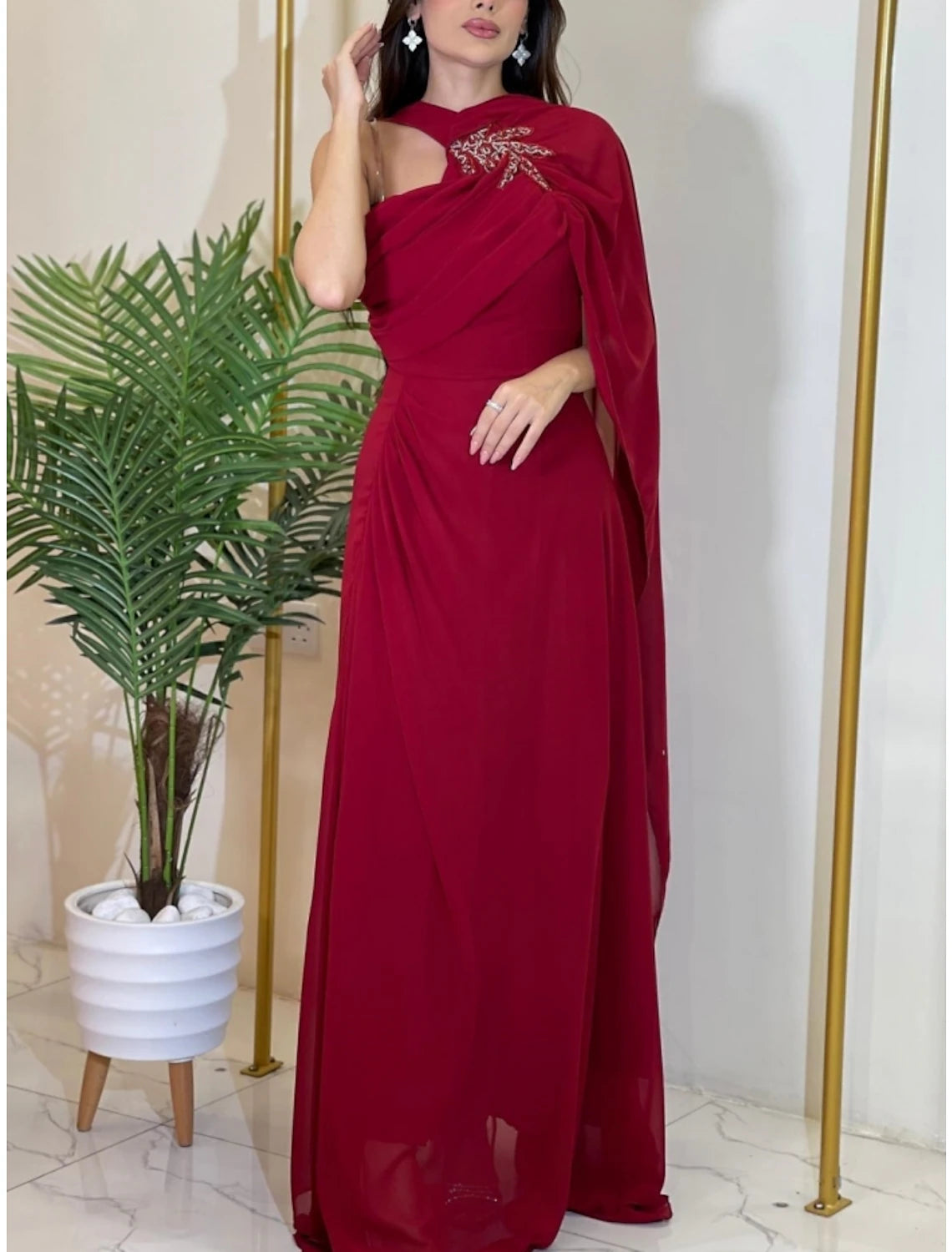 A-Line Evening Gown Elegant Dress Formal Sweep / Brush Train Christmas Red Green Dress Sleeveless Halter Neck Stretch Chiffon with Pleats Ruched Shouder Flower