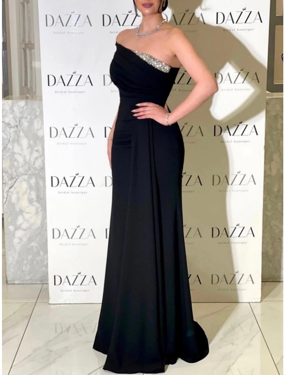 Sheath / Column Evening Gown Elegant Dress Formal Sweep / Brush Train Black Dress Sleeveless One Shoulder Satin with Pleats Sequin