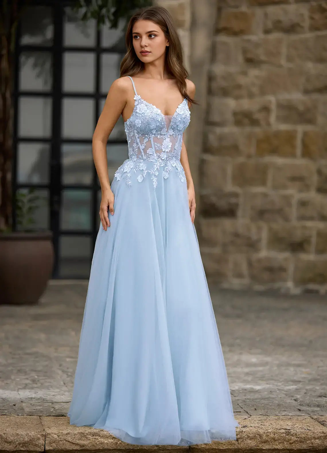 Blue Fashion A-line Spaghetti Strap Deep V Neck Bead String Flower Backless Exquisite Affordable Formal Dress Exquisite Prom Dress