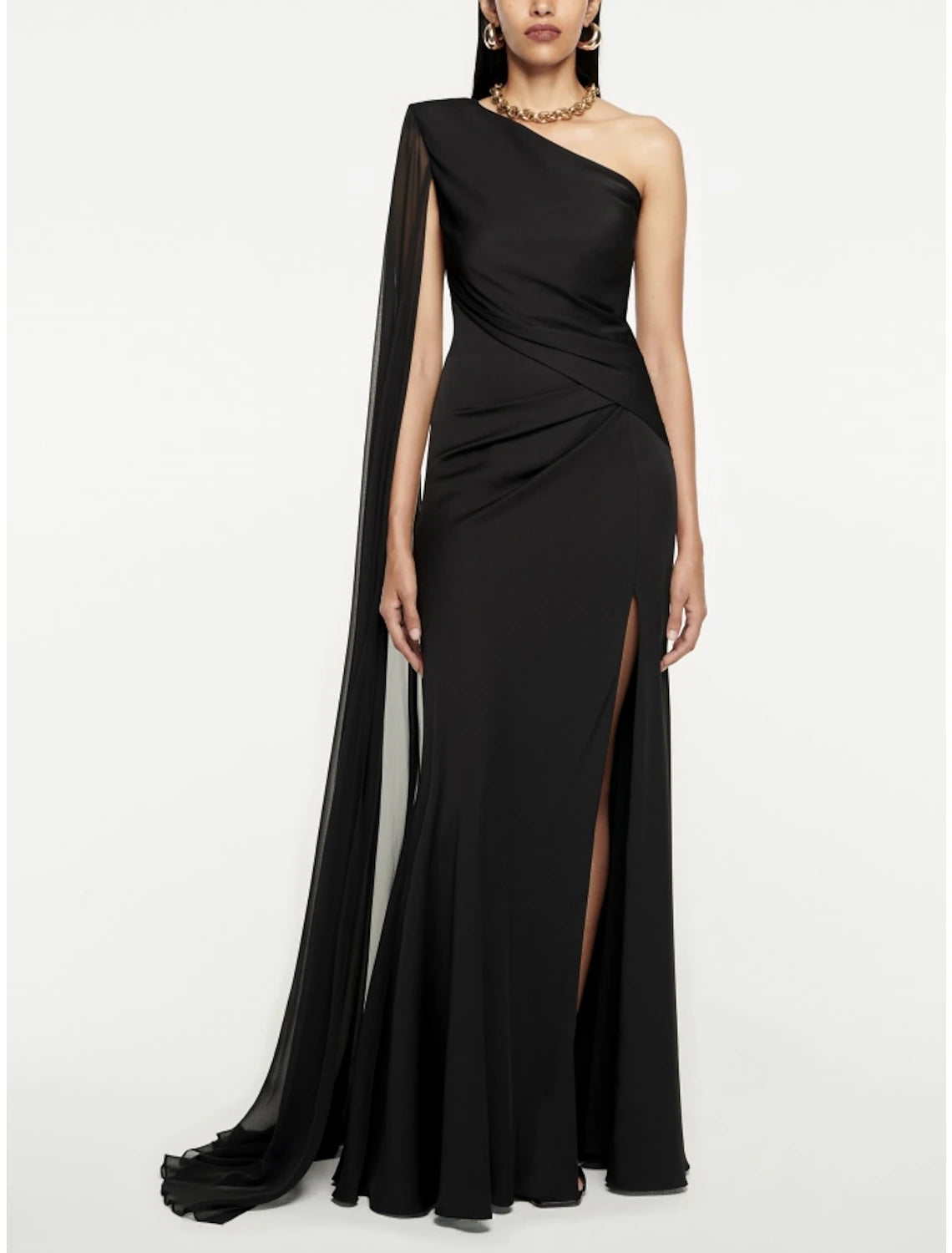 A-Line Evening Gown Elegant Dress Formal Sweep / Brush Train Black Dress Sleeveless One Shoulder Imitation Silk with Pleats Ruched