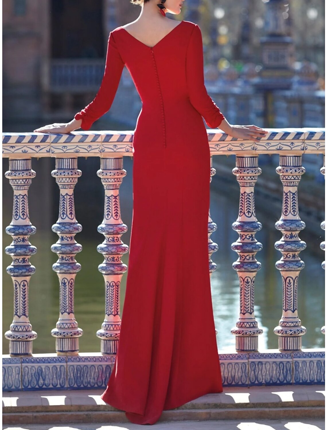 Sheath / Column Evening Gown Elegant Dress Formal Floor Length Christmas Red Green Dress 3/4 Length Sleeve V Neck Stretch Chiffon with Pleats Ruched