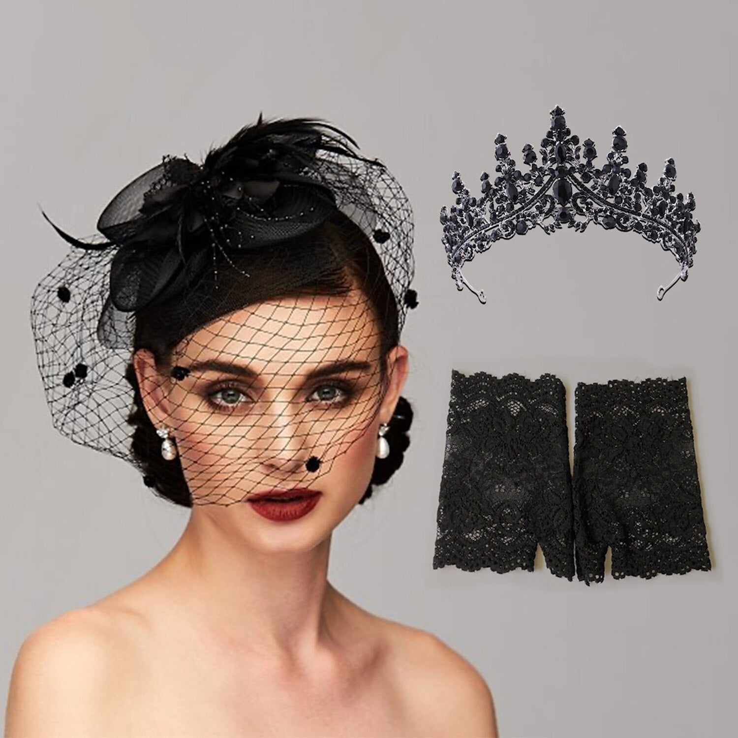 DingJiDress Elegant Fascinators Hats Linen Net Mesh Headpiece Kentucky Derby Hat with Clip Headband Feather Floral Wedding Evening Party Horse Race Ladies Day Headpiece with A Tiara & A Pair of Gloves