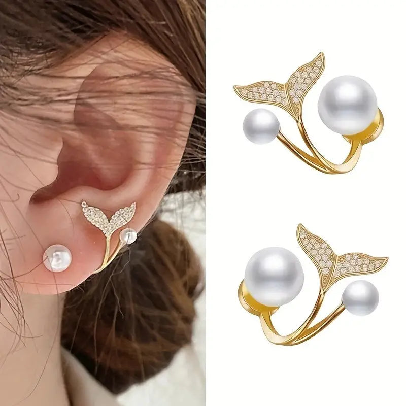 DingJi Elegant Mermaid Tail Stud Earrings for Women with Rhinestone Accents, 3 Pairs Vintage Bohemian Style Pearl Jewelry