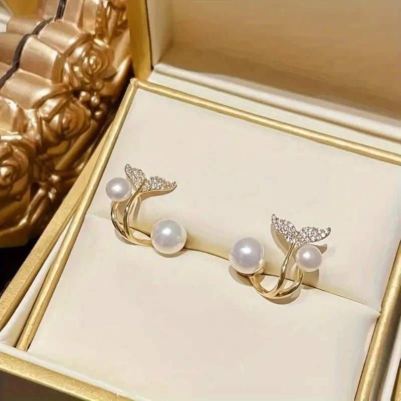 DingJi Elegant Mermaid Tail Stud Earrings for Women with Rhinestone Accents, 3 Pairs Vintage Bohemian Style Pearl Jewelry