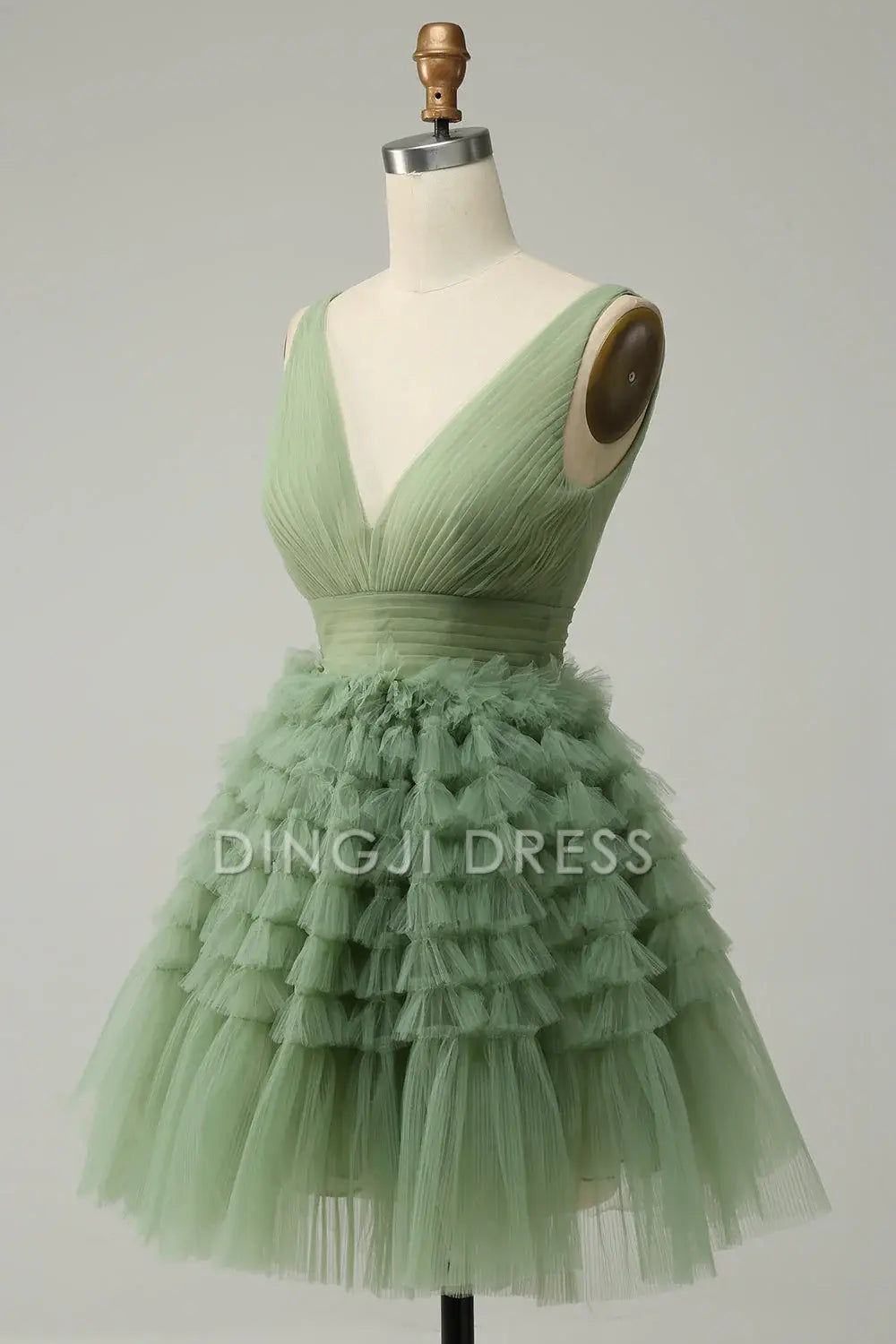 DingJiDress High Quality Dress Tulle V-Neck Pleated Fashion Short Prom Dress