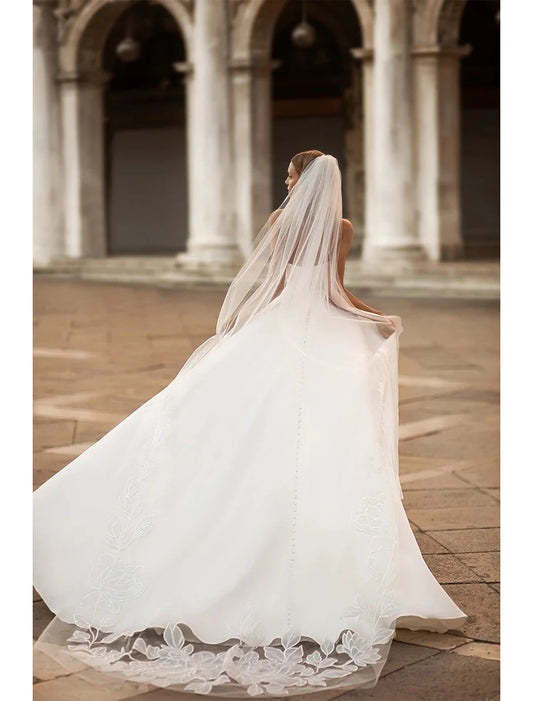 DingJiDress Hall Casual Wedding Dresses A-Line Off Shoulder Long Sleeve Court Train Satin Bridal Gowns With Split Front
