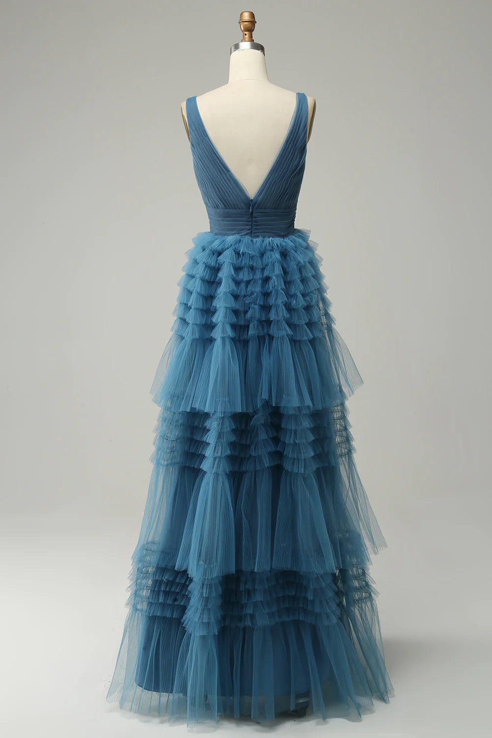 DingJiDress A Line V-Neck Blue Long Prom Dress With Open Back