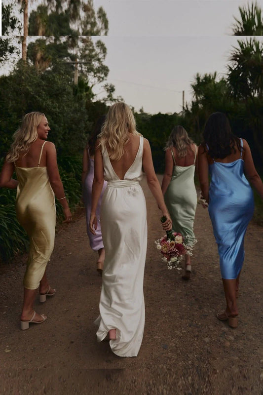 Elegant Simple Sheath V Neck Spaghetti Strap Sleeveless Backless Low Cost Ankle Length Bridesmaid Dresses