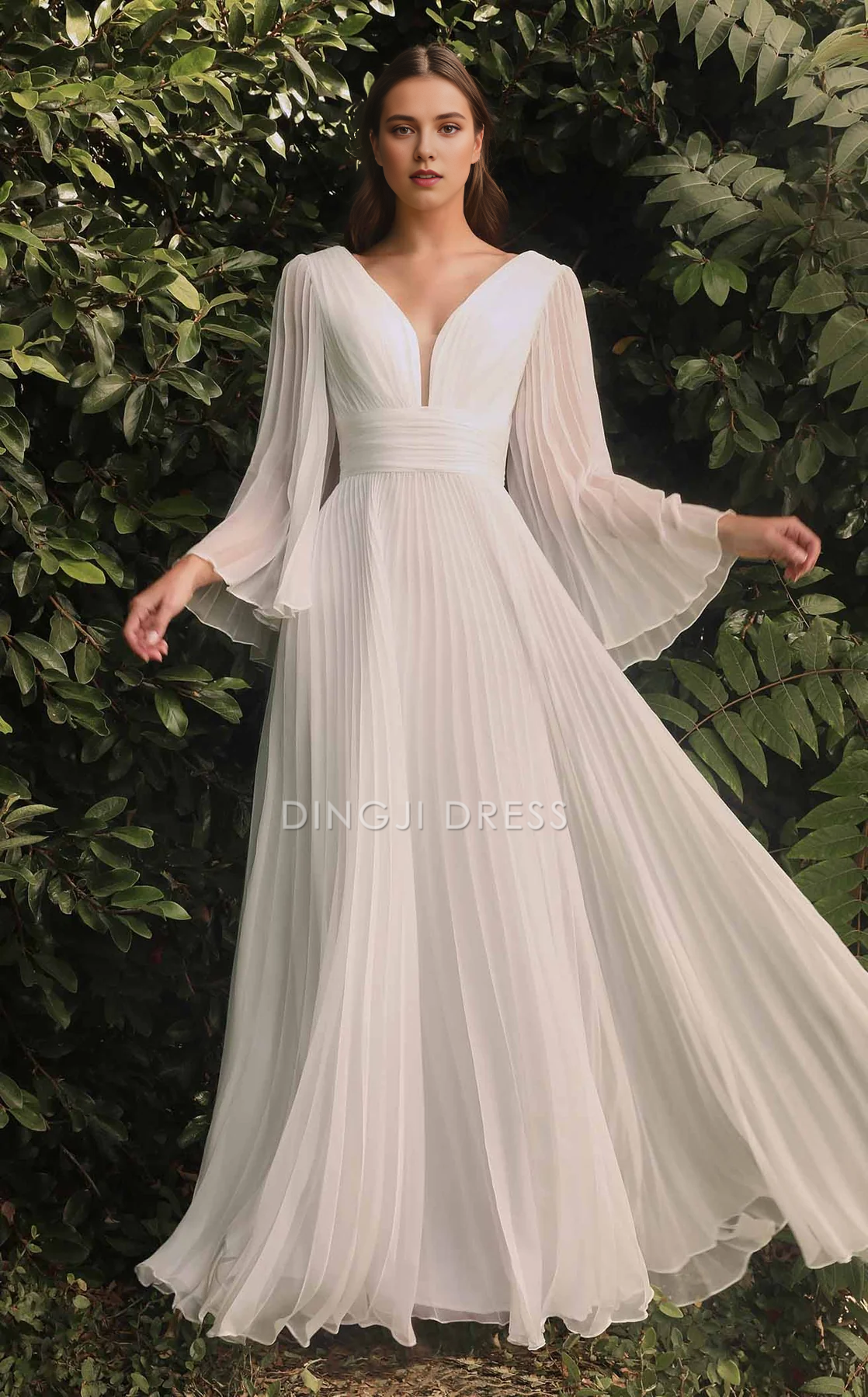 DingJiDress Hot Sale Wedding Dress Flutter A Line Deep V Neck Angel Sleeves Pleated Exquisite Fashion Formal Wear Dresses