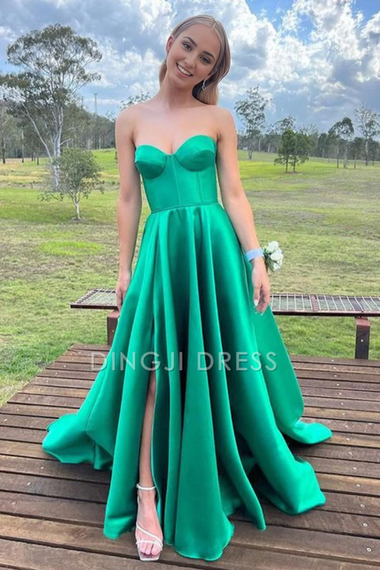 DingJiDress Elegant A Line Strapless Sweetheart Long with Split Front Prom Dress