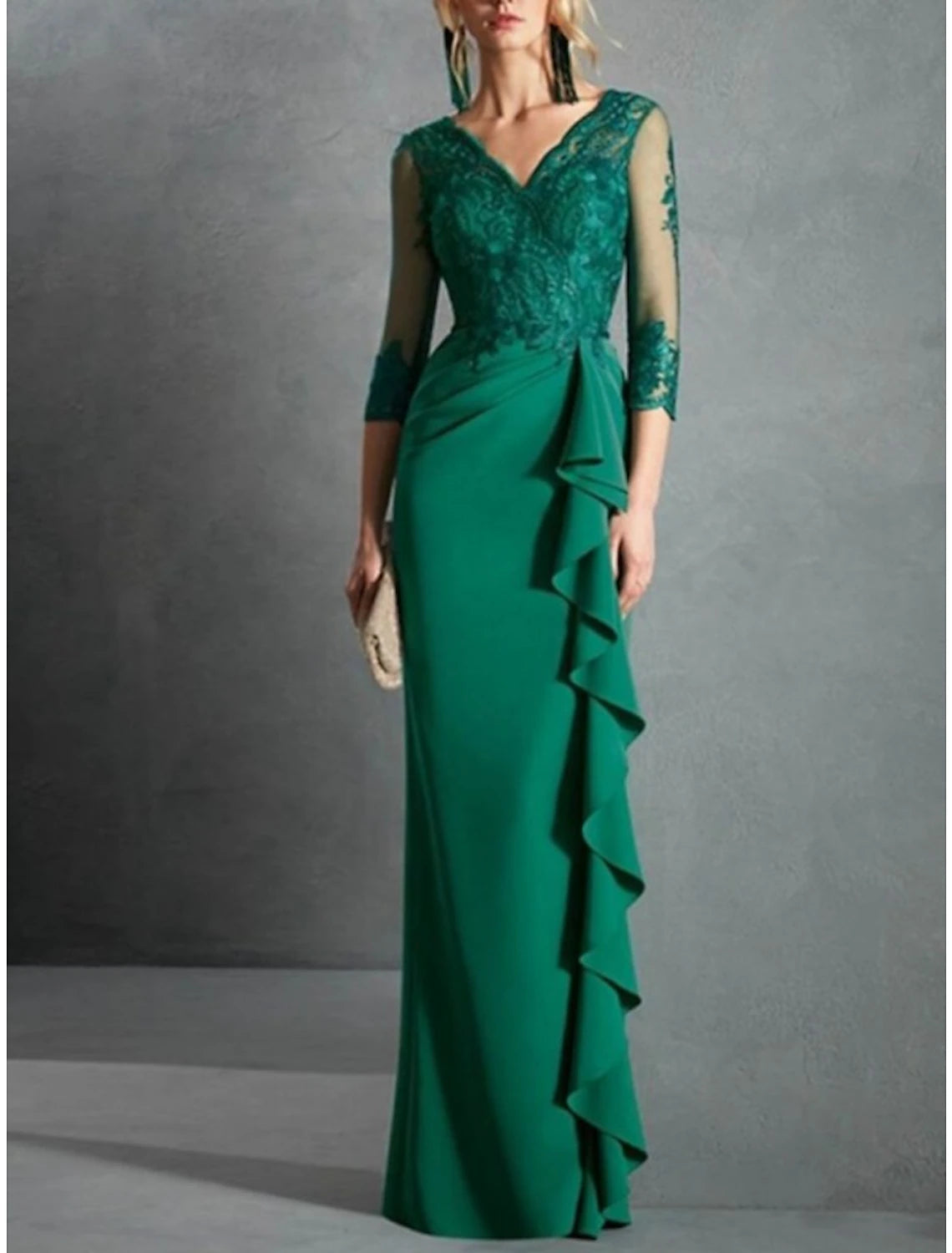 Sheath / Column Mother of the Bride Dress Formal Party Elegant V Neck Floor Length Stretch Fabric 3/4 Length Sleeve with Lace Ruffles