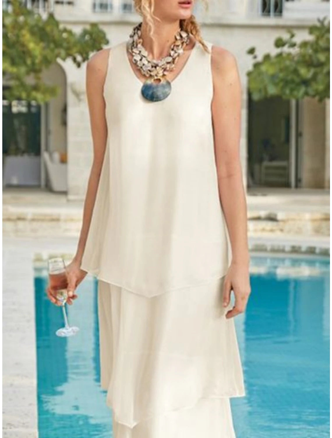 Sheath / Column Mother of the Bride Dress Wedding Guest Simple Elegant V Neck Ankle Length Chiffon Sleeveless