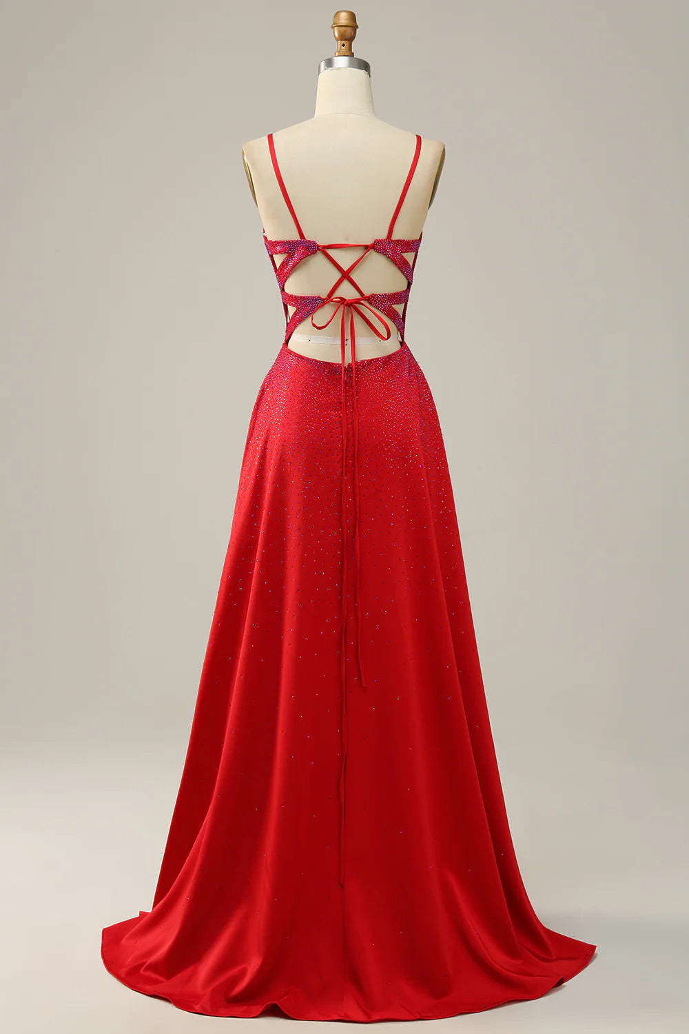 DingJiDress A Line Red Spaghetti Straps Beaded Long Prom Dress