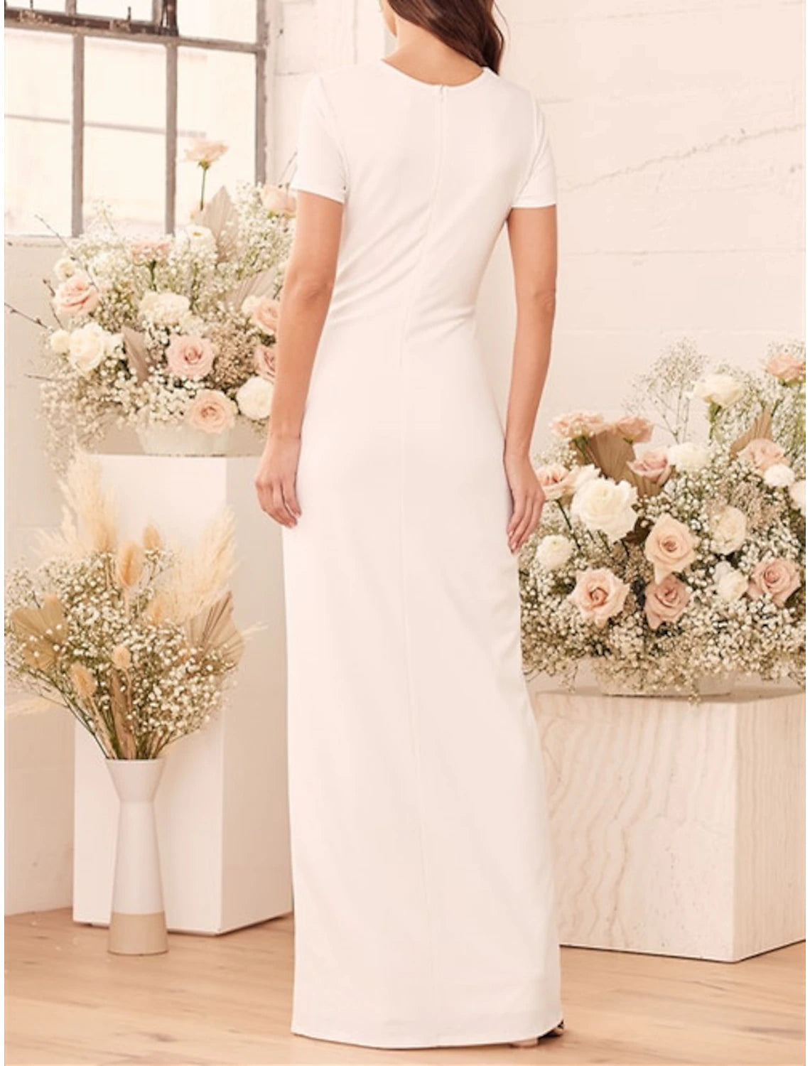 Hall Casual Wedding Dresses Sheath / Column V Neck Short Sleeve Floor Length Stretch Fabric Bridal Gowns With Split