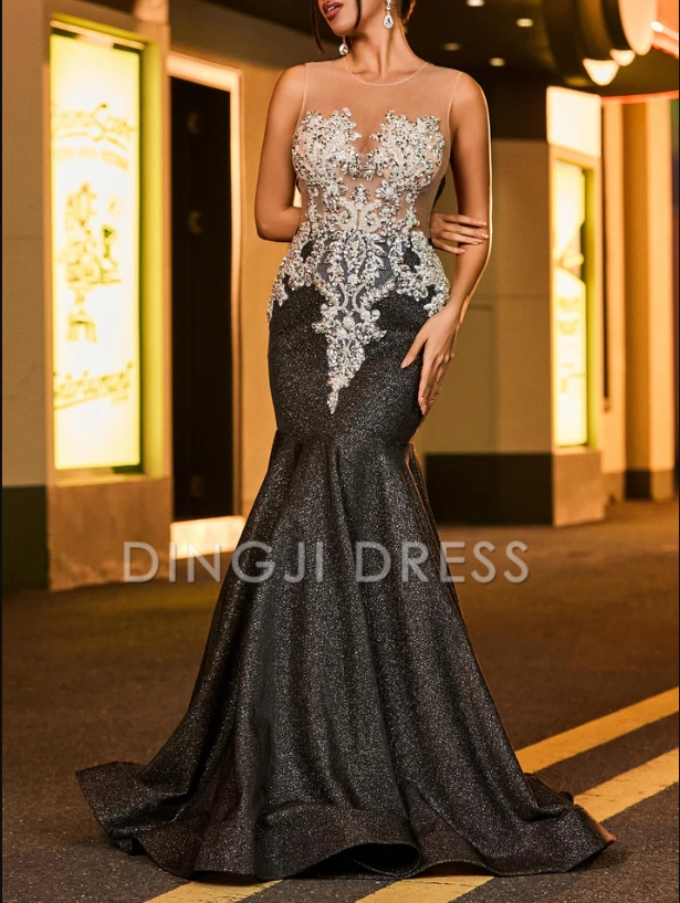 DingJiDress High Quality Luxurious Mermaid Sleeveless Applique Backless Sweep Train Evening Dress
