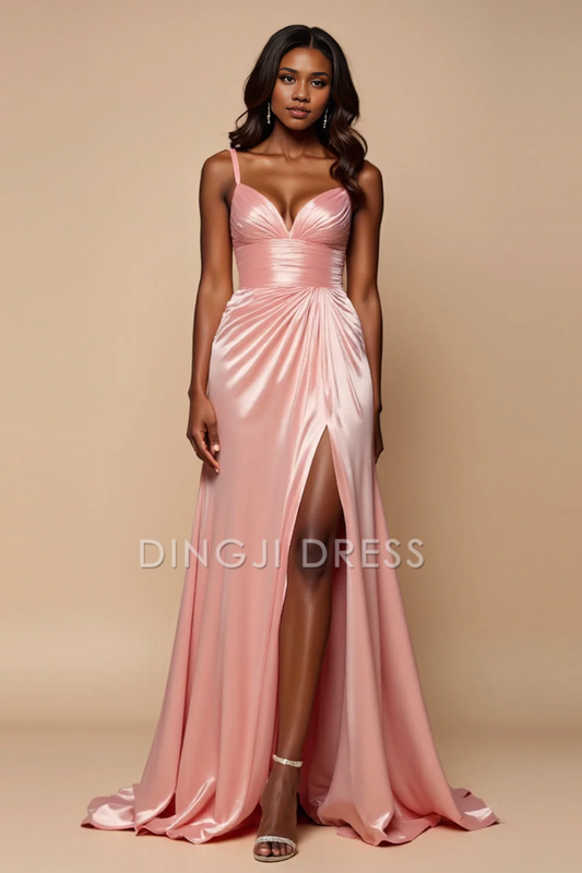 DingJiDress High Quality Dress Elegant A Line Spaghetti Strap Sweetheart Ruched With Slit Long Prom Dress
