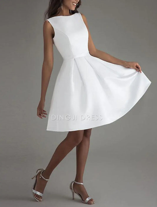 DingJiDress Hot Sale Short Prom Dress A-Line Cocktail Dresses Minimalist Dress Wedding Guest Knee Length Sleeveless Boat Neck Satin V Back with Sleek Bow(s) Pure Color Simple New Homecoming Dress