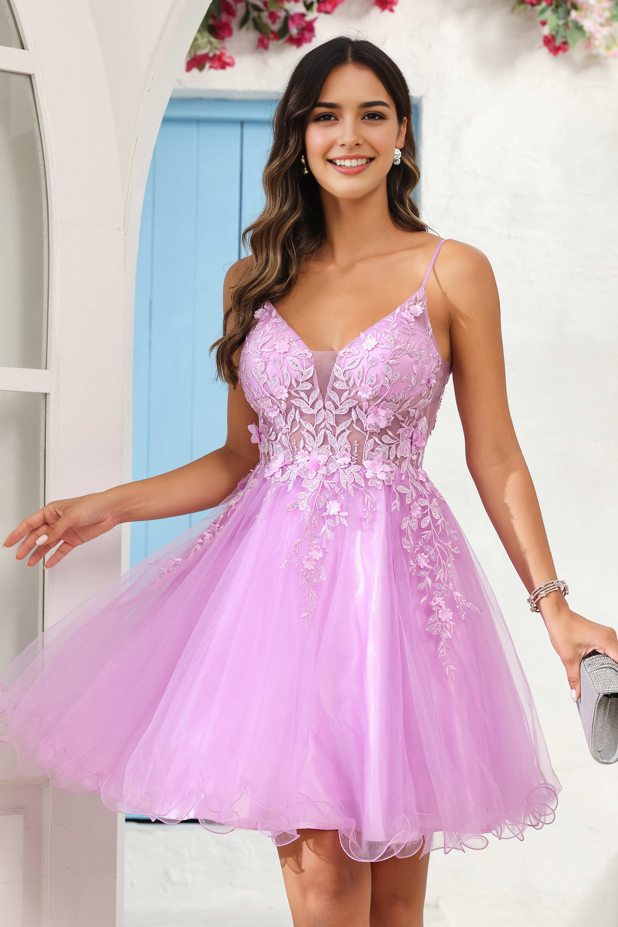 DingJiDress Hot Sale Homecoming Dress Exquisite A Line V Neck See-Through Applique Tulle Backless Mini Dress