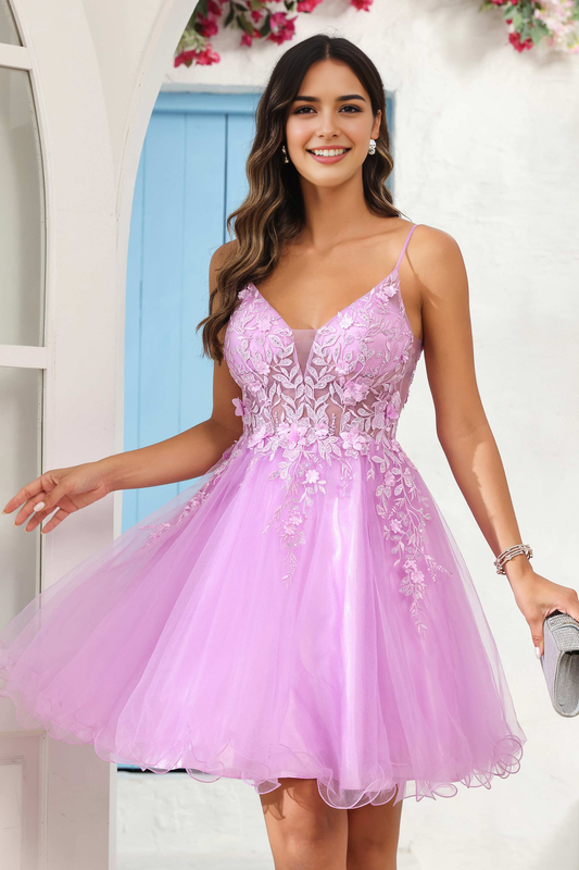 DingJiDress Hot Sale Homecoming Dress Exquisite A Line V Neck See-Through Applique Tulle Backless Mini Dress