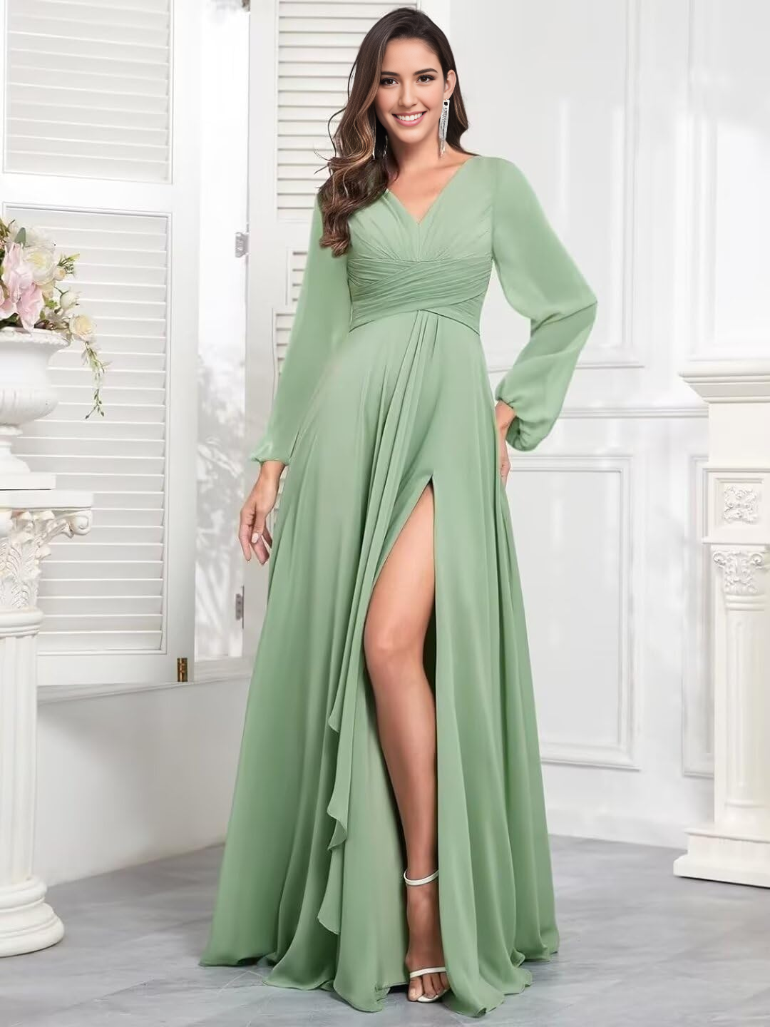 DingJiDress Bridesmaid Dresses Elegant Chiffon Long Sleeves V Neck Ruffle Side Fork Long Formal Wear Dresses