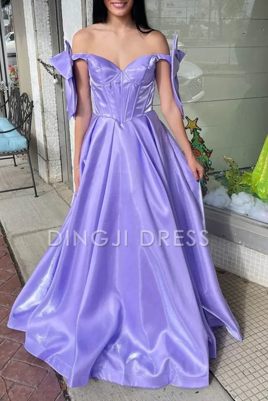 DingJiDress Elegant A Line Sweetheart Off the Shoulder Satin with Cute Bow Prom Dress