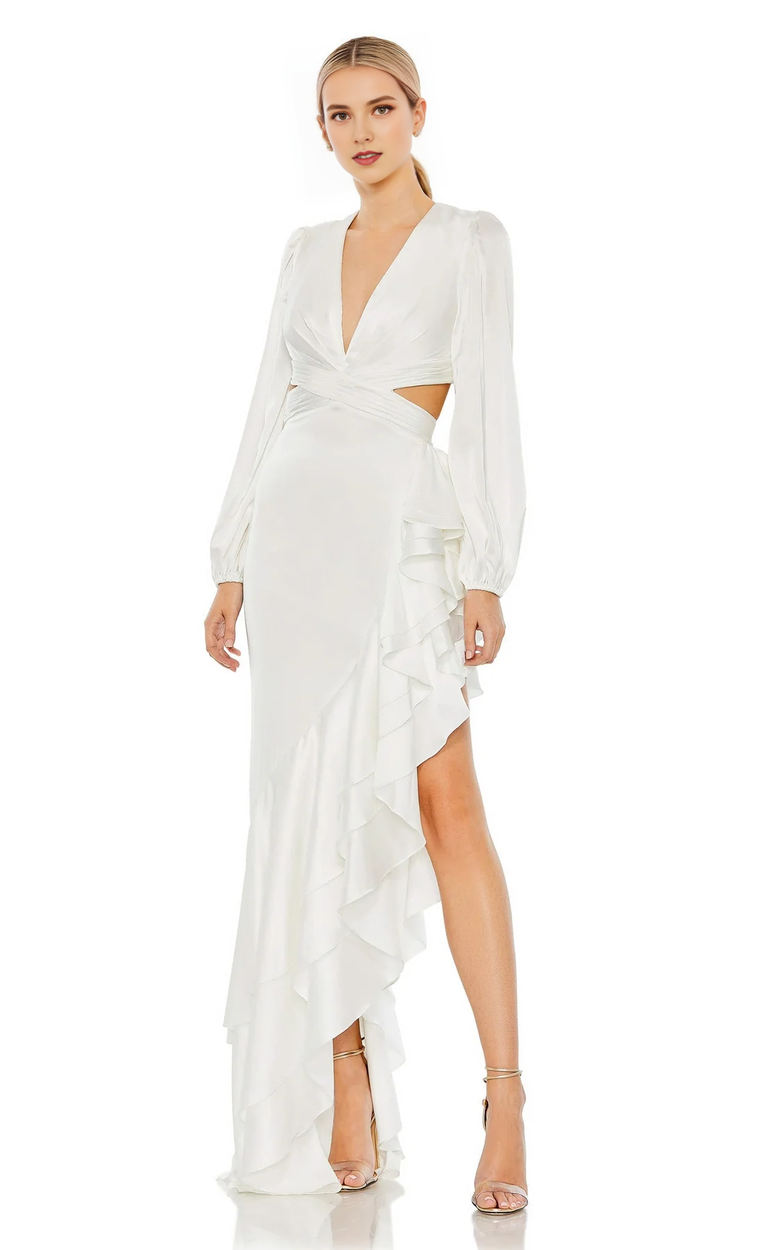 DingJiDress Hot Sale Wedding Dress Unique Sheath V Neck Long Sleeves Crossover Fitted Bodice Asymmetrical Ruched Hemline Fashion Formal Wear Dresses