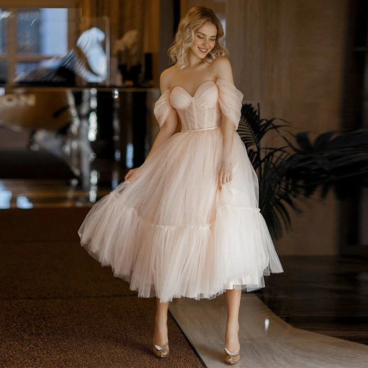 DingJiDress Evening Dress A Line Sweetheart Off Shoulder Tulle Tea Length Backless Elegant Youthful Formal Women's Dresses Wedding Guest Dresses