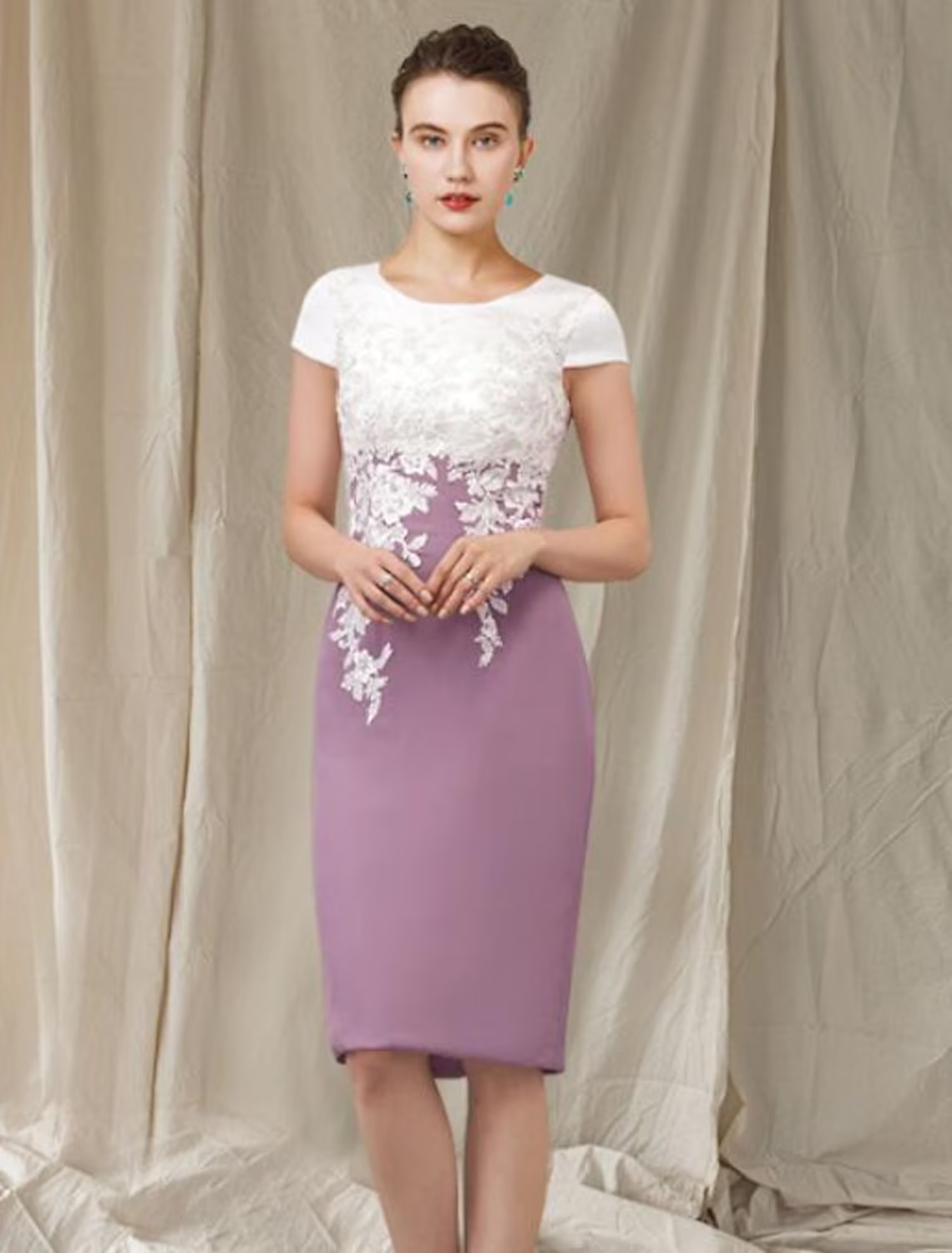 Mother of the Bride Dress Elegant Knee Length Chiffon Lace Short Sleeve with Appliques