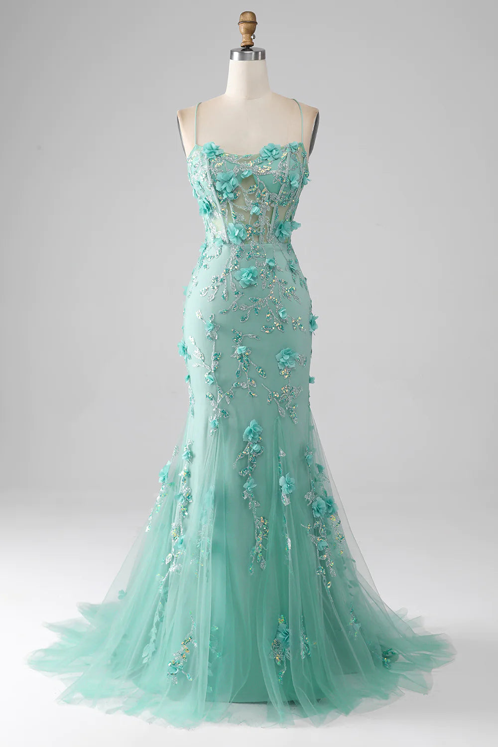 DingJiDress Green Mermaid Spaghetti Straps Long Prom Dress with Appliques