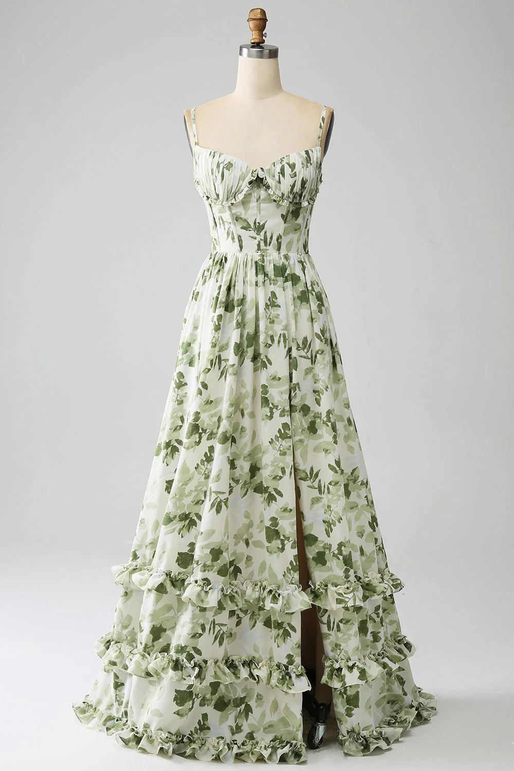 DingJiDress Green A-Line Spaghetti Straps Printed Pleated Long Prom Dress With Slit