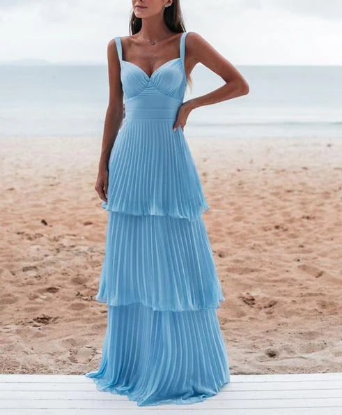 DingJiDress A line Chiffon Sleeveless Mid waist Pleated Layering Fashion Prom Dress