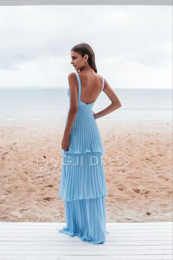 DingJiDress A line Chiffon Sleeveless Mid waist Pleated Layering Fashion Prom Dress