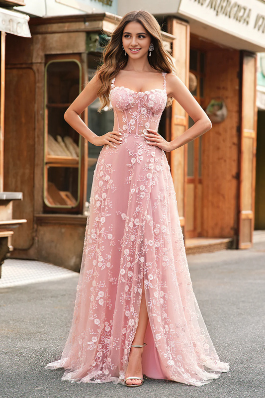 DingJiDress High Quality Dress Exquisite A Line Spaghetti Straps Romantic Floral Corset Long With Slit Prom Dress
