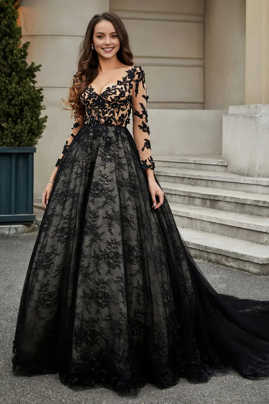 A Line Deep V Neck Lace Applique Long Sleeves Backless Chapel Train Hot Sale Wedding Dress