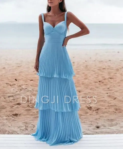 DingJiDress A line Chiffon Sleeveless Mid waist Pleated Layering Fashion Prom Dress