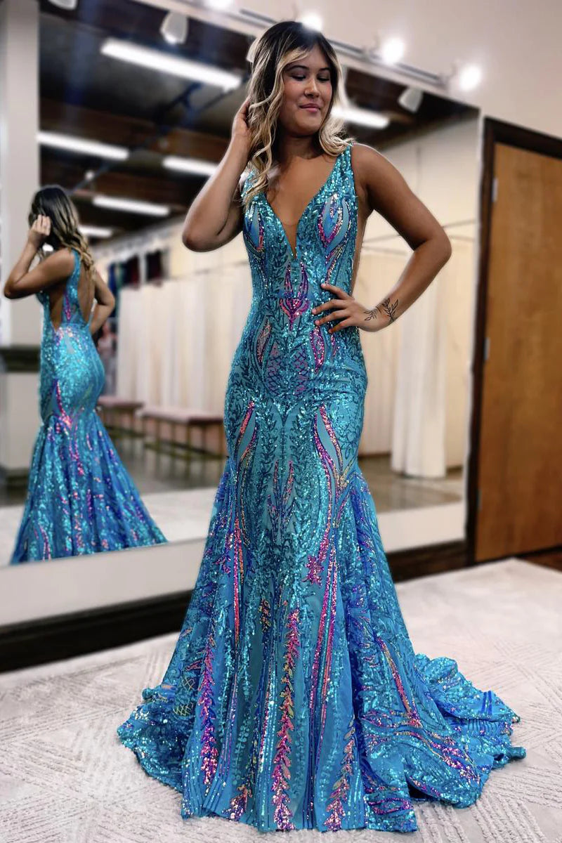 DingJiDress Charming Mermaid V Neck Backless Sequin Lace Long Sweep Train Prom Dress