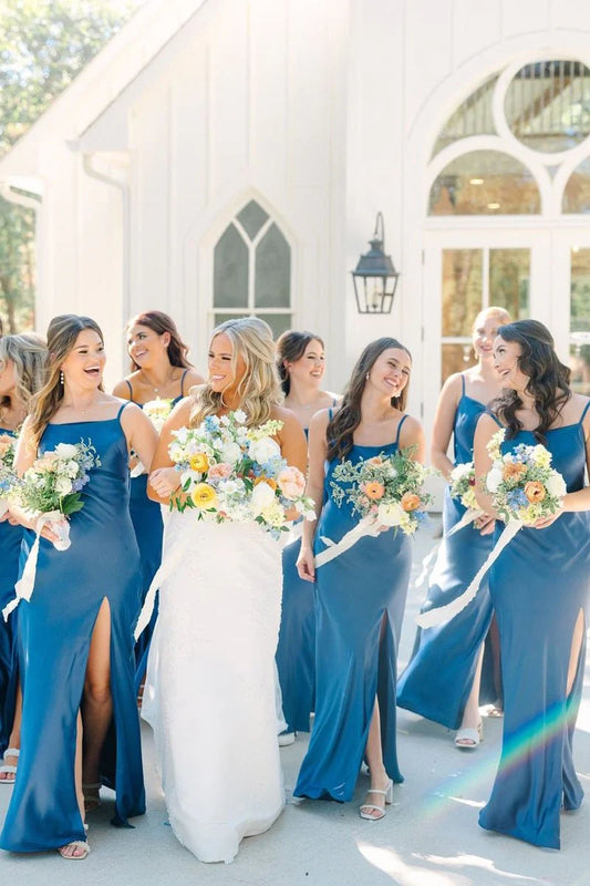 Elegant Simple Blue Sheath Spaghetti Straps Sleeveless Backless with Bow BackSheath Side Fork Floor Length Bridesmaid Dresses