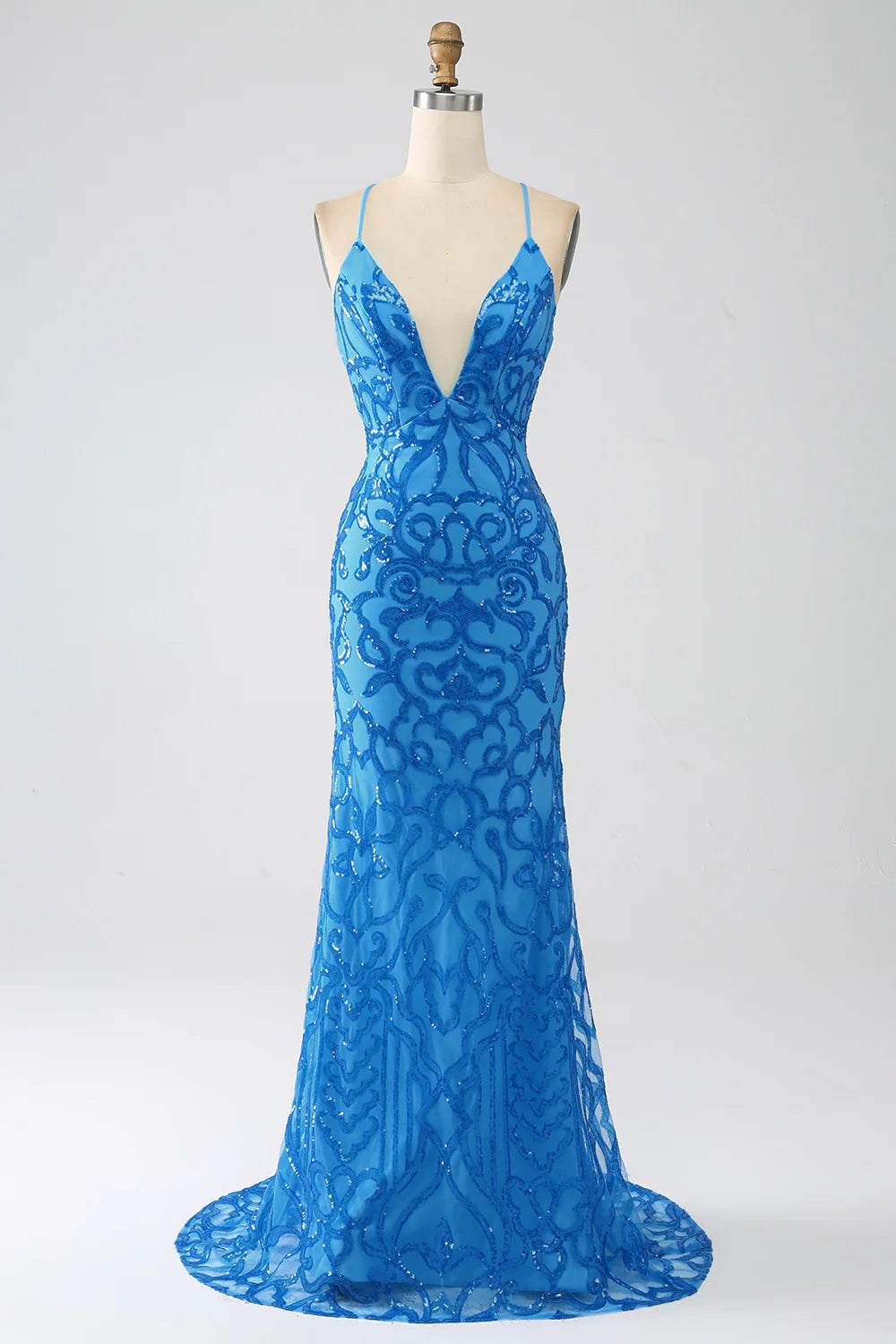DingJiDress Blue Mermaid Spaghetti Straps Sequins Long Prom Dress