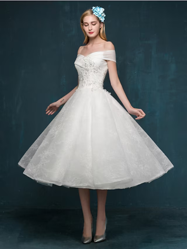 Little White Dresses Wedding Dresses Tea Length A-Line Short Sleeve Off Shoulder Beaded Lace With Beading Sequin