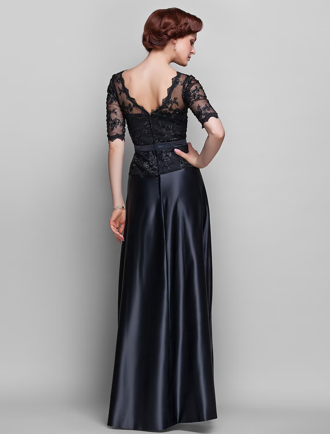 A-Line Mother of the Bride Dress V Neck Floor Length Satin Lace Half Sleeve with Lace Bow(s) Beading