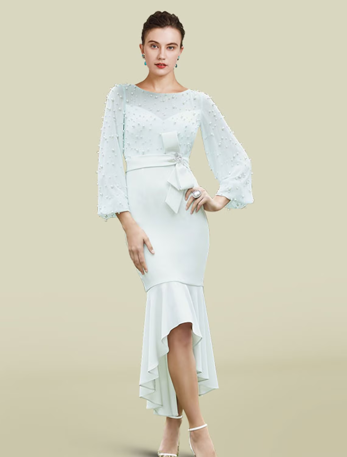 Mother of the Bride Dress Luxurious Elegant High Low Jewel Neck Asymmetrical Ankle Length Chiffon Sleeve with Bow(s) Pearls