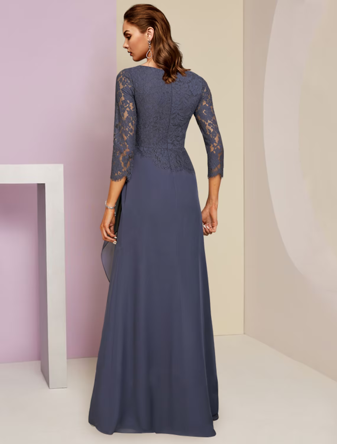 Mother of the Bride Dress Wedding Guest Party Elegant Scoop Neck Floor Length Chiffon Lace Sleeve with Ruffles Appliques