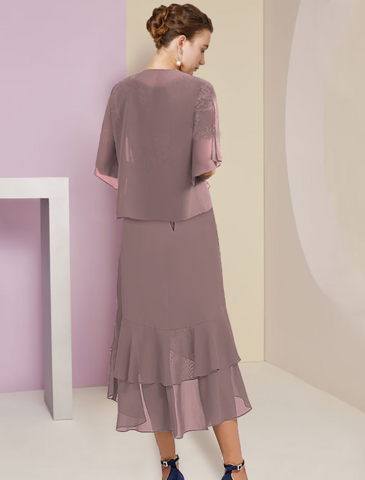 Two Piece A-Line Mother of the Bride Dress Formal Wedding Guest Elegant High Low V Neck Asymmetrical Length Chiffon Lace Short Sleeve Sleeve Wrap Included with Appliques