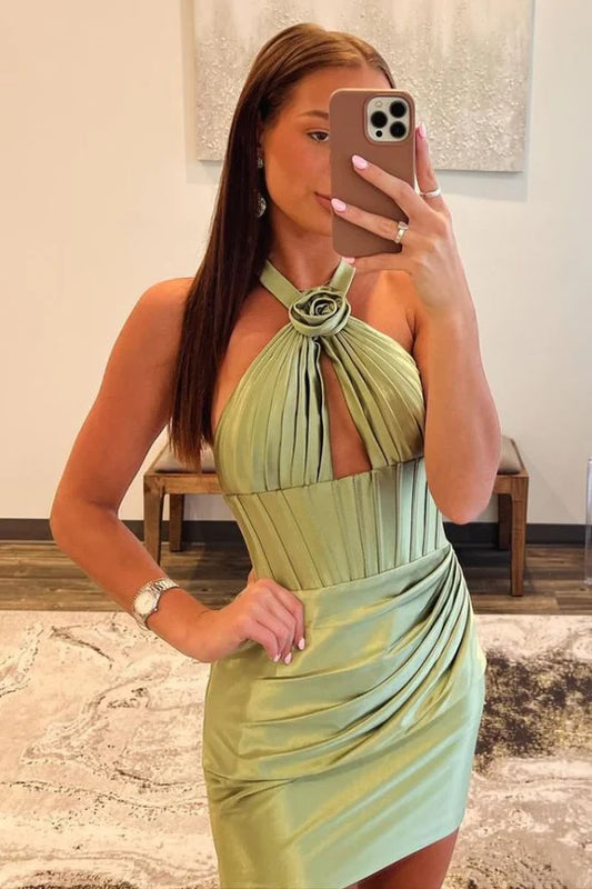 DingJiDress Homecoming Dress Sage Green Halter Pleated Bodycon with Backless