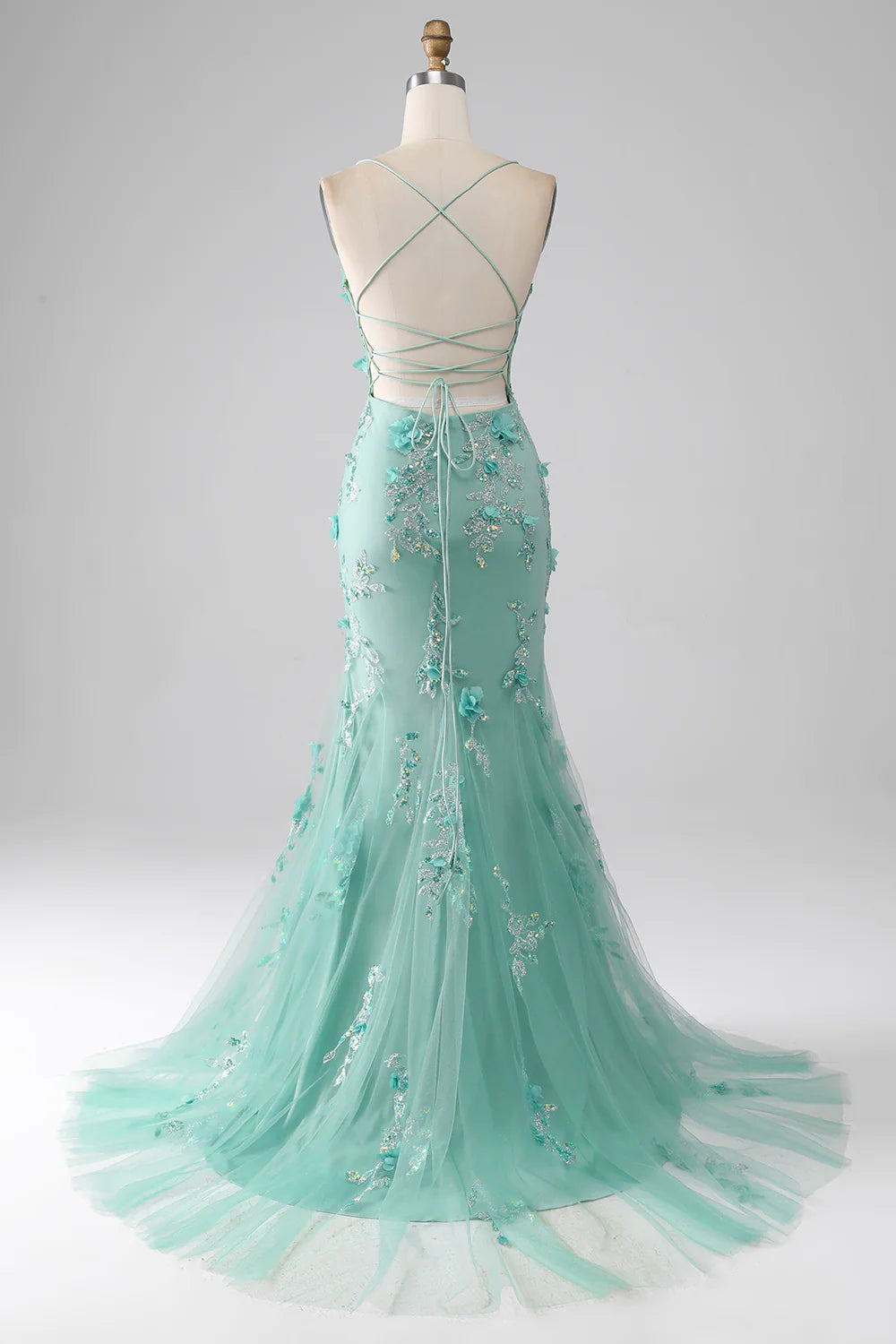 DingJiDress Green Mermaid Spaghetti Straps Long Prom Dress with Appliques