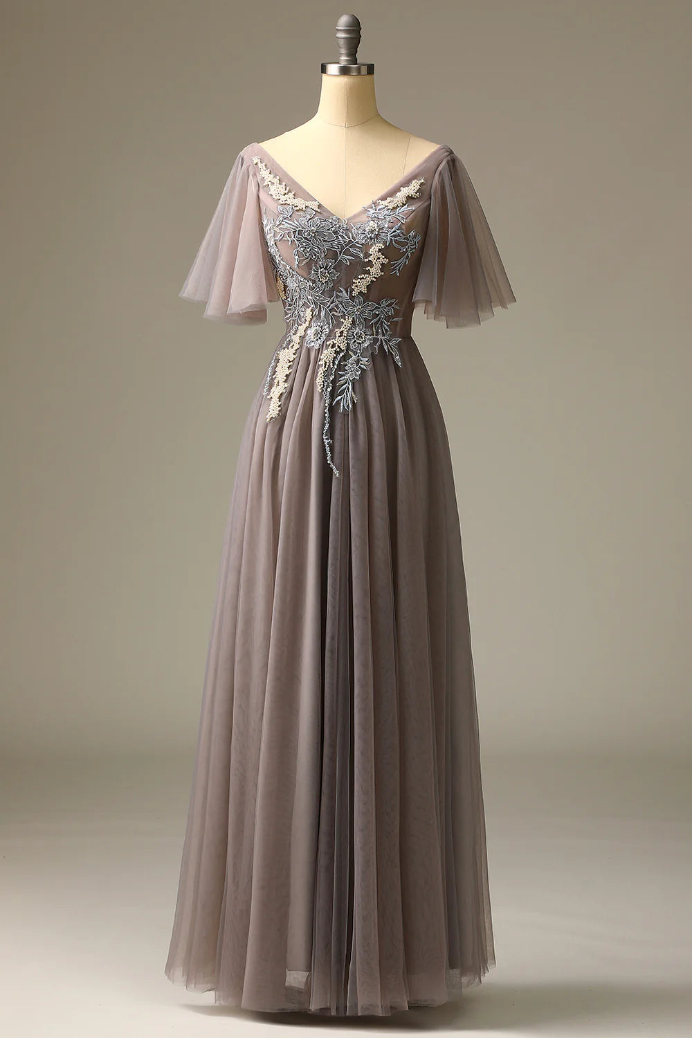 DingJiDress Grey V Neck Prom Dress